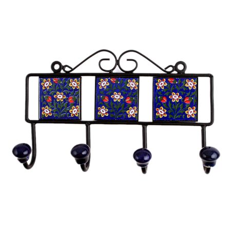 Blue Floral Ceramic Tiles Hooks-450 (Set Of Ine Piece)